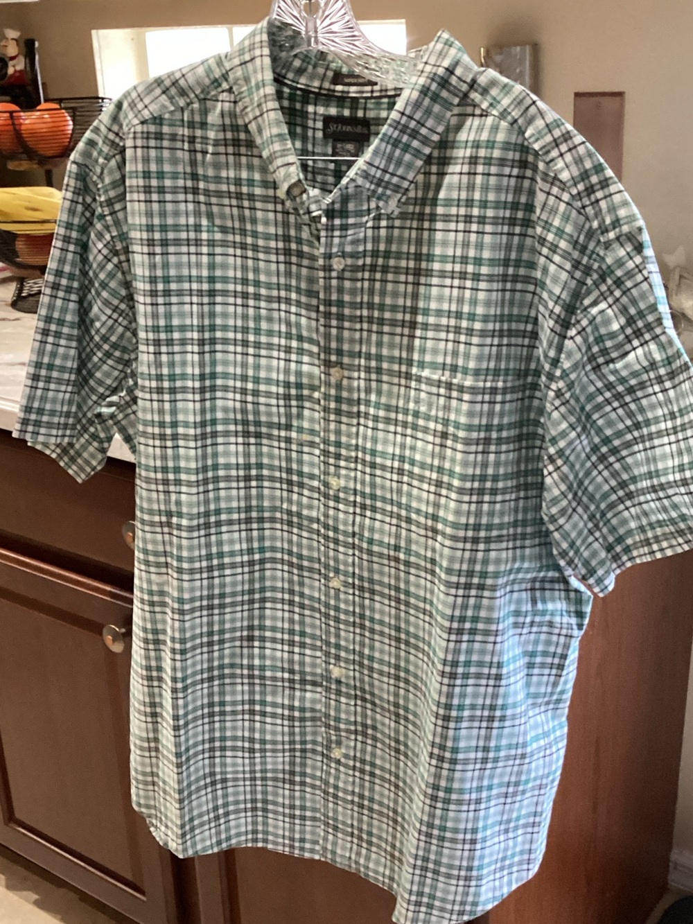 St. John's Bay Green and White Plaid Short-Sleeve Button-Down Shirt